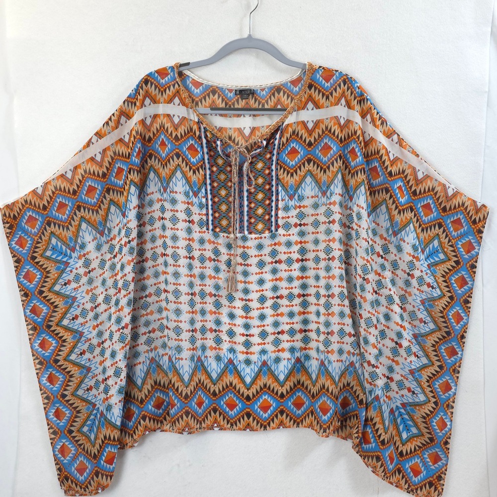 Hannah Tunic Kaftan Top Tribal Geometric Print Multi Women 1X Boho Festival